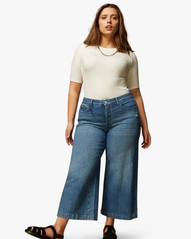Front of a model wearing a size 14 Courtney High-Waist Wide-Leg Jeans in VALLEY by Warp + Weft. | dia_product_style_image_id:248930
